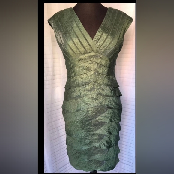 Adrianna Papell Olive Green Shimmer Layered Cocktail Dress - Picture 9 of 9